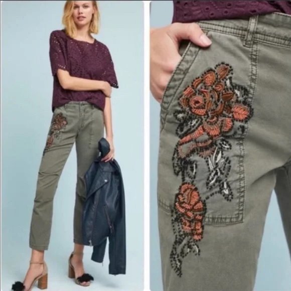 Anthropologie The Wanderer Floral Beaded Olive Green Utility Cargo Pants size 32 - Picture 1 of 10